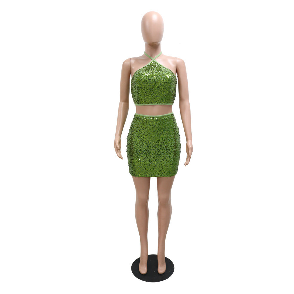 Two-piece Suit With Halter Neck Tie Short Top And Skirt