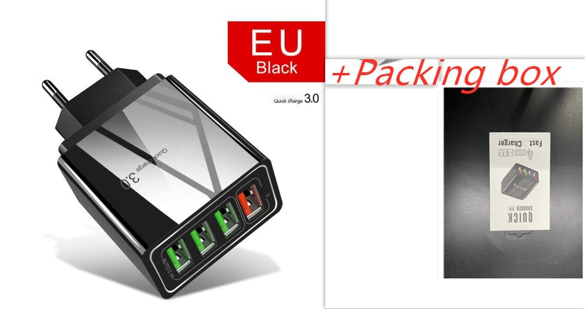 Black four-port USB charger with packaging box on a white background