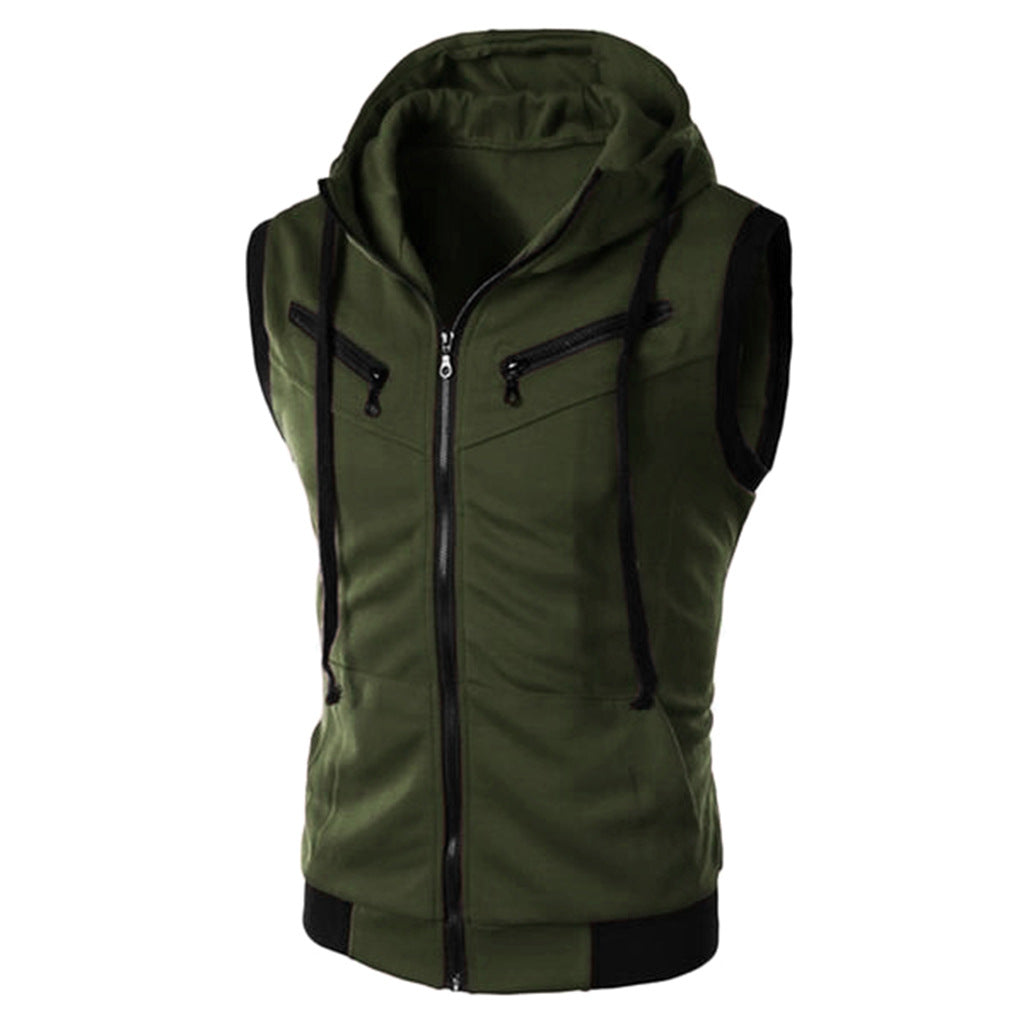 Summer New Men Hooded Sleeveless Vest Solid Color