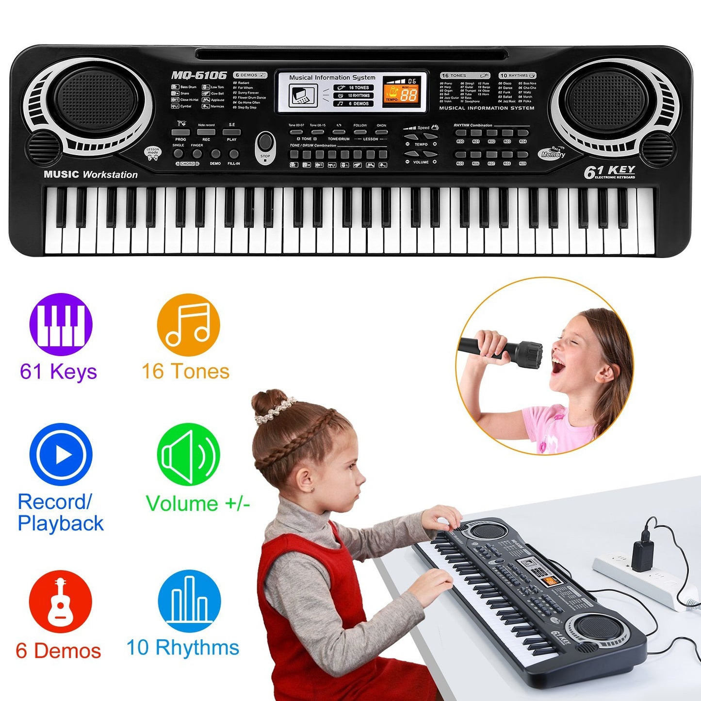 Children's keyboard with musical features and a child playing it.