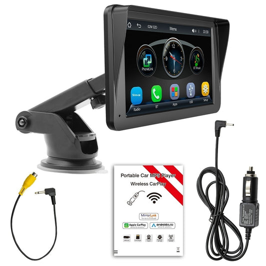 Car multimedia system with screen, mount, cables, and adapter on a white background