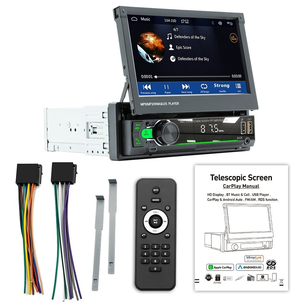 Car stereo system with telescopable screen, remote control, and wiring harness on a white background.