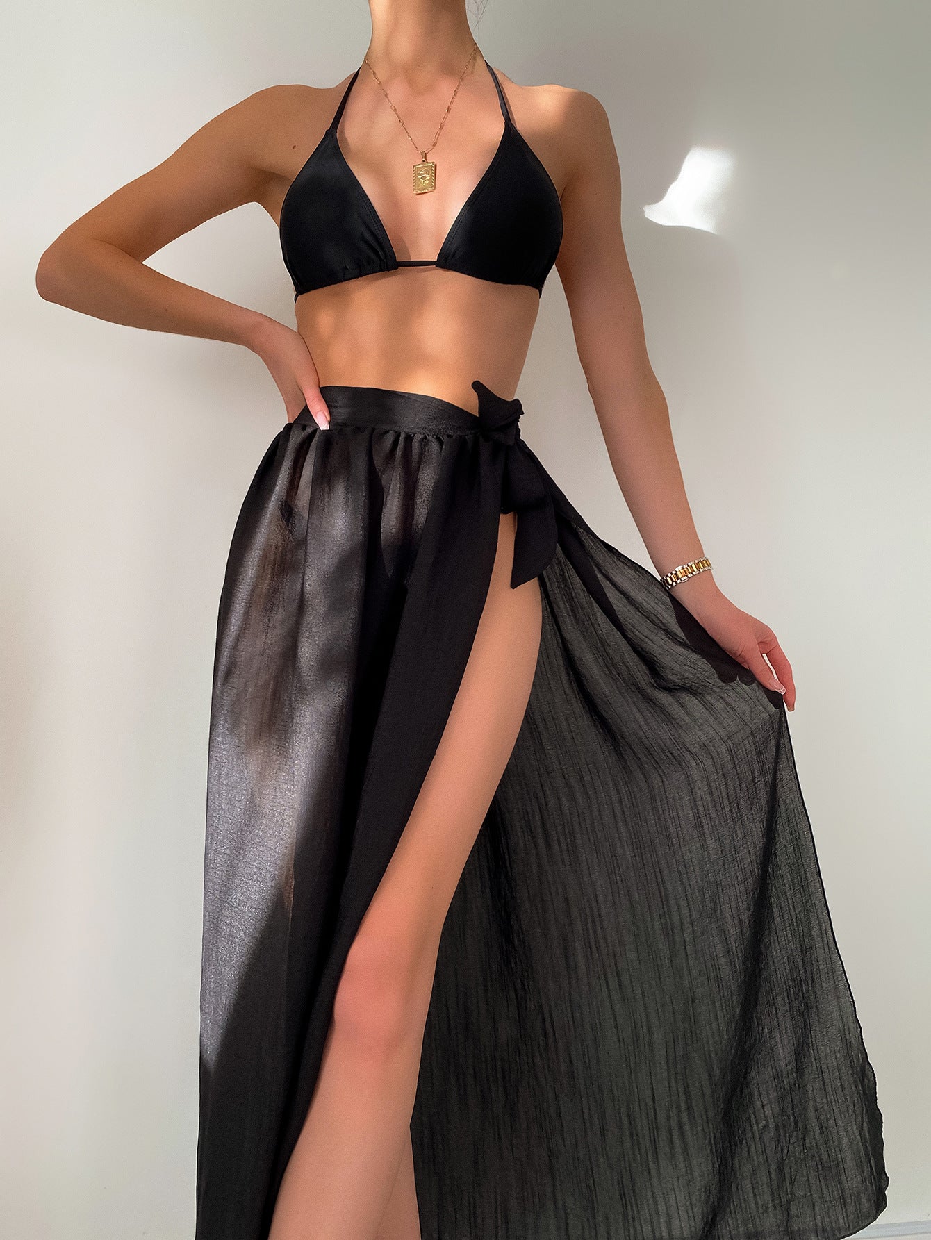 New Solid Color Bikini Chiffon Cover Skirt Strap Swimsuit Set