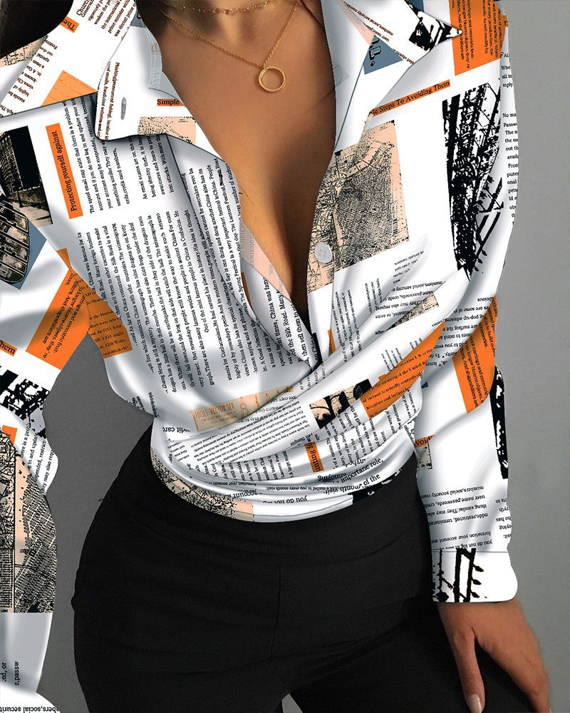 Loose Long Sleeve V Neck Print Ladies Shirt Shirt Women