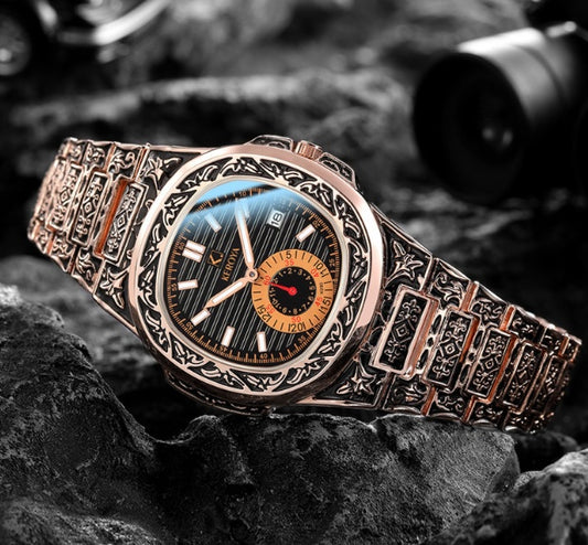 Rose Carved Steel Band Quartz Watch