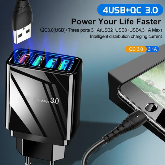 4-USB charging hub with Quick Charge 3.0 technology on a dark background