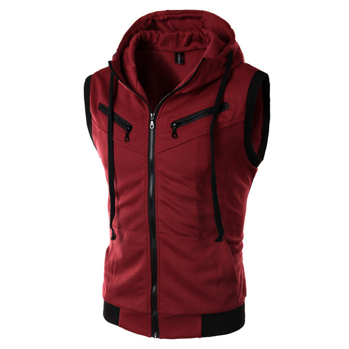 Summer New Men Hooded Sleeveless Vest Solid Color