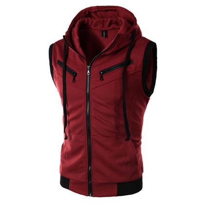 Summer New Men Hooded Sleeveless Vest Solid Color