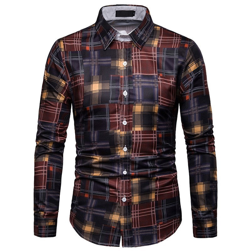 Printed long-sleeved shirt fashion lapel plaid casual shirt
