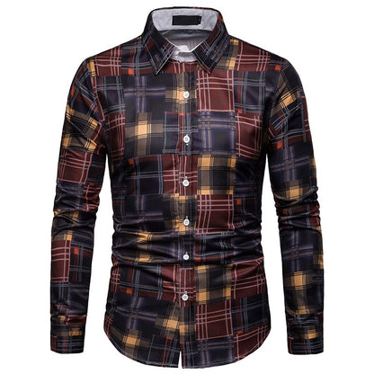 Printed long-sleeved shirt fashion lapel plaid casual shirt