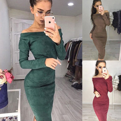 Woman A Word Tight Shoulder Long Sleeve Sexy Dress Burst Sexy Nightclub Wild Models Solid Color Dress