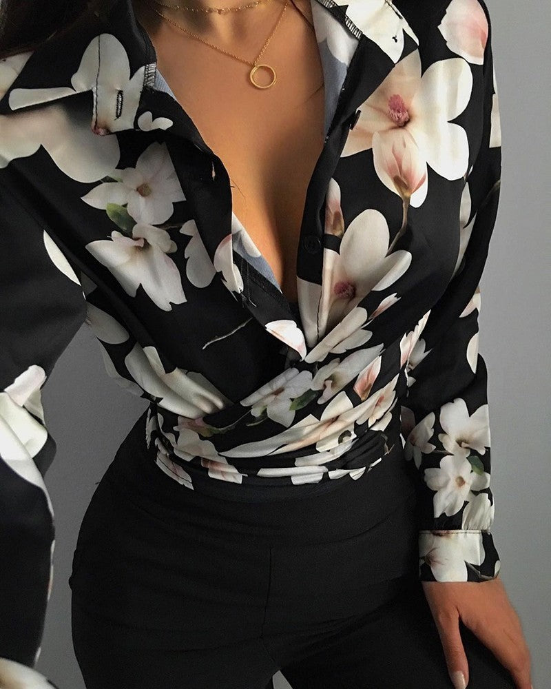 Loose Long Sleeve V Neck Print Ladies Shirt Shirt Women