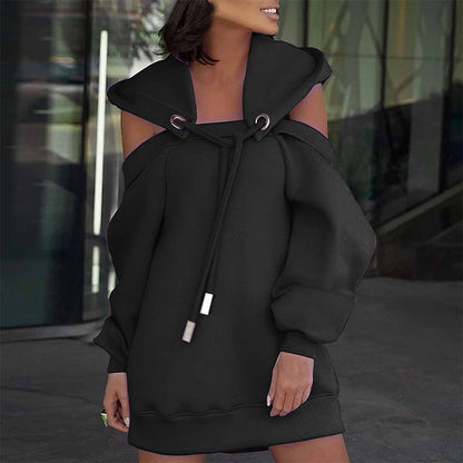 Solid color stitching off-shoulder long-sleeved sweater