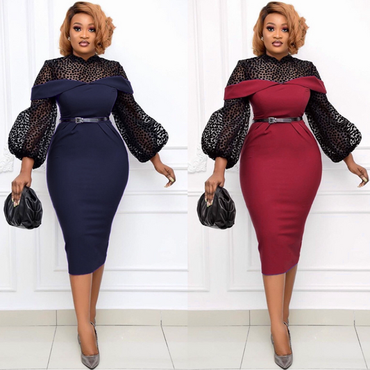 African Woman Polka Dot Mesh Lantern Sleeve High Waist Dress