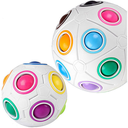 Two children's toy balls with multiple colored holes, resembling a soccer ball design, intended for educational or recreational use.