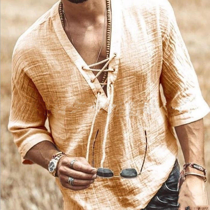Men's Fashion Chest tie Mid Sleeve T Shirt Shirt