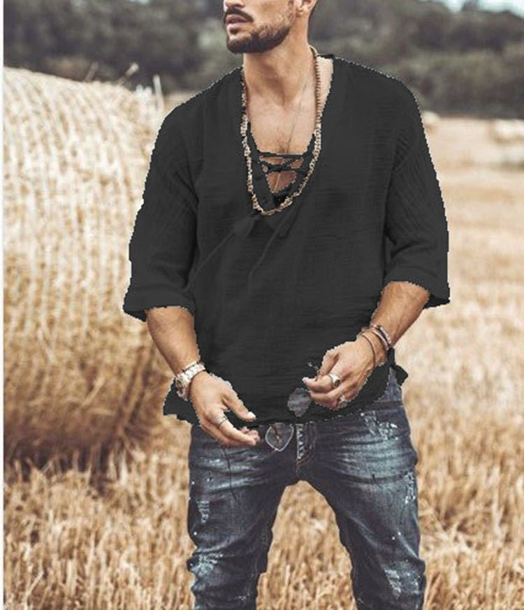 Men's Fashion Chest tie Mid Sleeve T Shirt Shirt