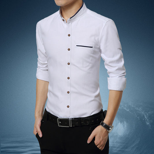 New Men's Stand Up Collar Shirt Long Sleeved Shirt Men's Slim Business Casual Oxford Shirt