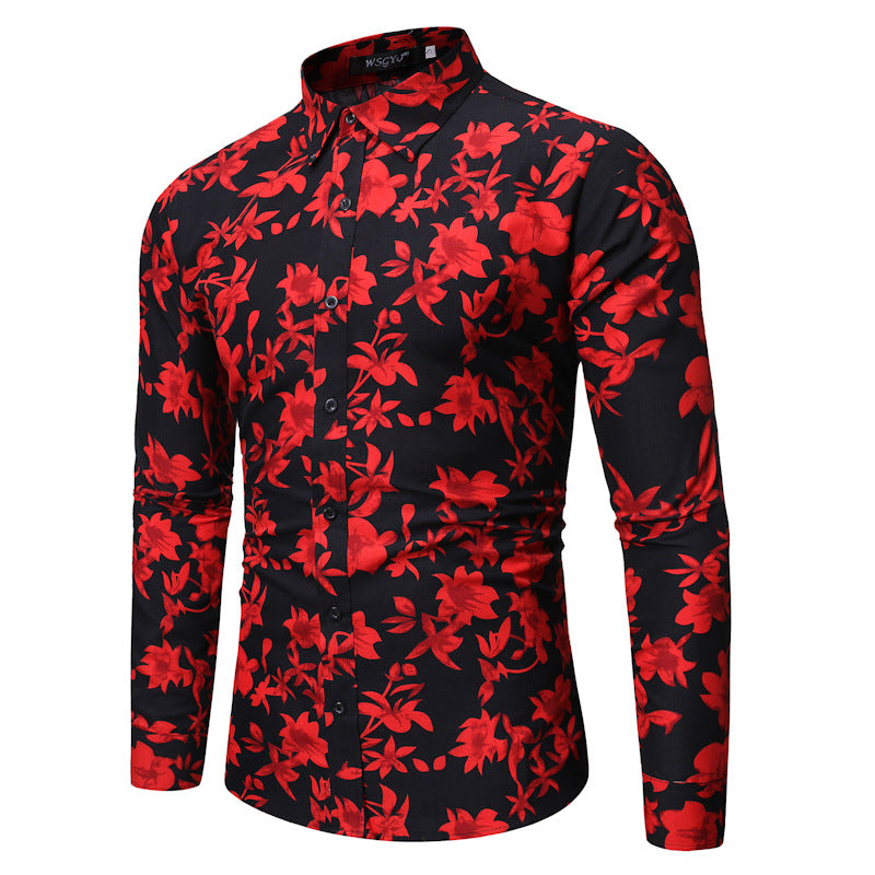 Men's Long Sleeve Printed Shirt Fashion Flower Shirt