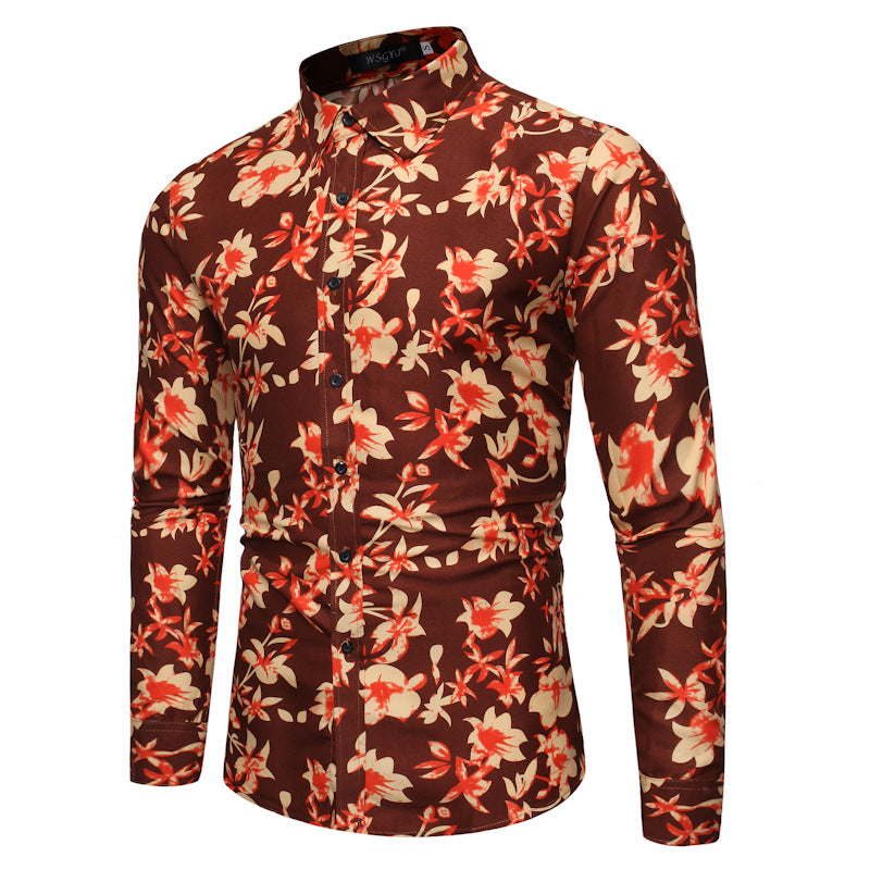 Men's Long Sleeve Printed Shirt Fashion Flower Shirt