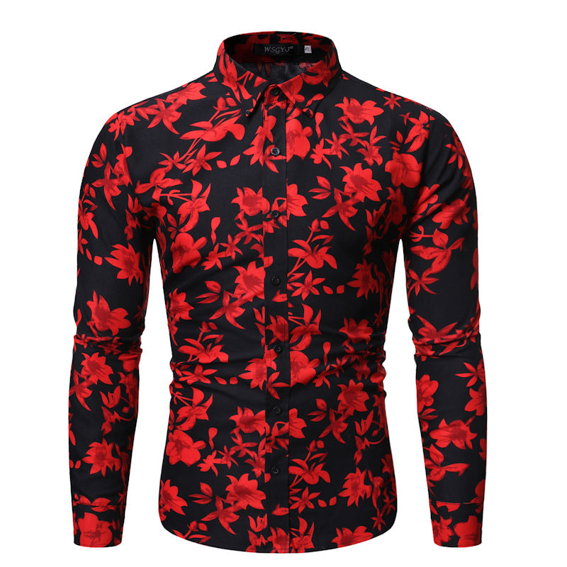 Men's Long Sleeve Printed Shirt Fashion Flower Shirt