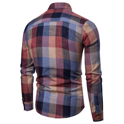 Slim Fit Long Sleeved Casual Shirt Plaid Men's Shirt