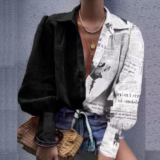 Printed Color-Blocking Lapel Long-Sleeved Shirt t-Shirt