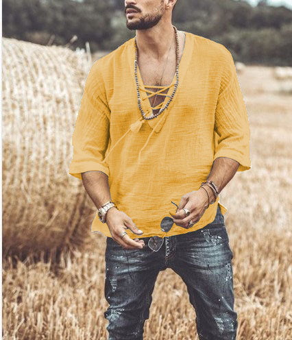 Men's Fashion Chest tie Mid Sleeve T Shirt Shirt