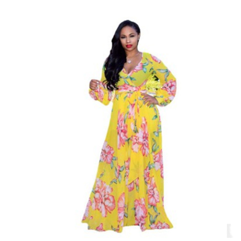 Spring And Autumn Amazon Chiffon Long Sleeve Digital Print European And American Style Big Swing Skirt Dress