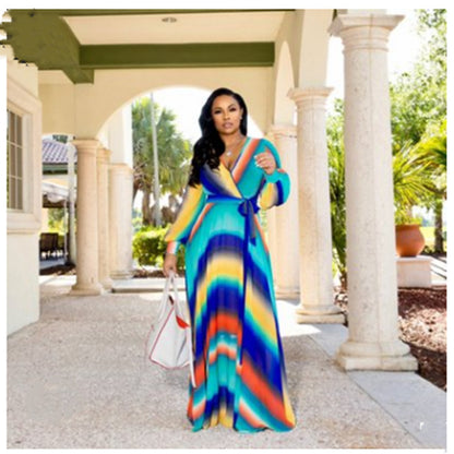 Spring And Autumn Amazon Chiffon Long Sleeve Digital Print European And American Style Big Swing Skirt Dress