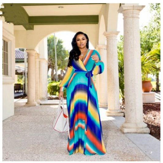 Spring And Autumn Amazon Chiffon Long Sleeve Digital Print European And American Style Big Swing Skirt Dress