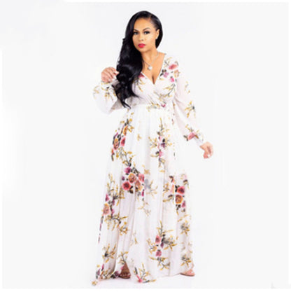 Spring And Autumn Amazon Chiffon Long Sleeve Digital Print European And American Style Big Swing Skirt Dress