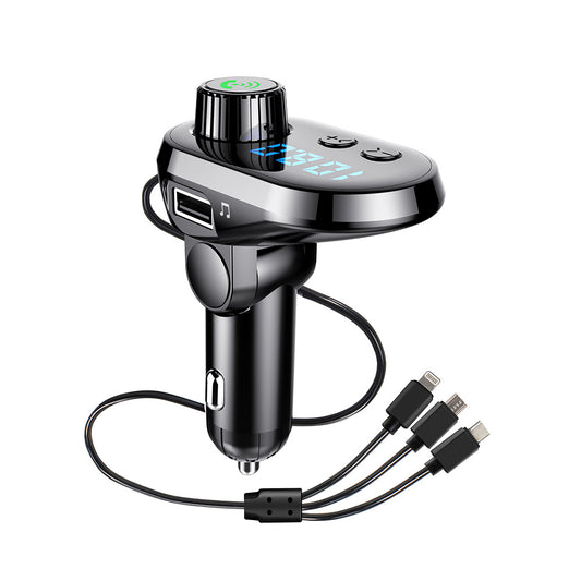 Black car multimedia adapter with multiple ports on a white background