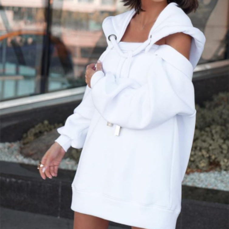 Solid color stitching off-shoulder long-sleeved sweater