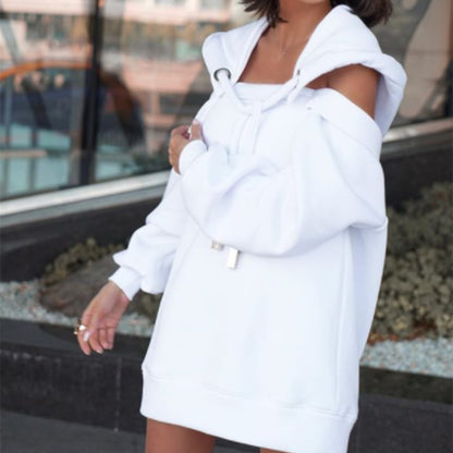 Solid color stitching off-shoulder long-sleeved sweater