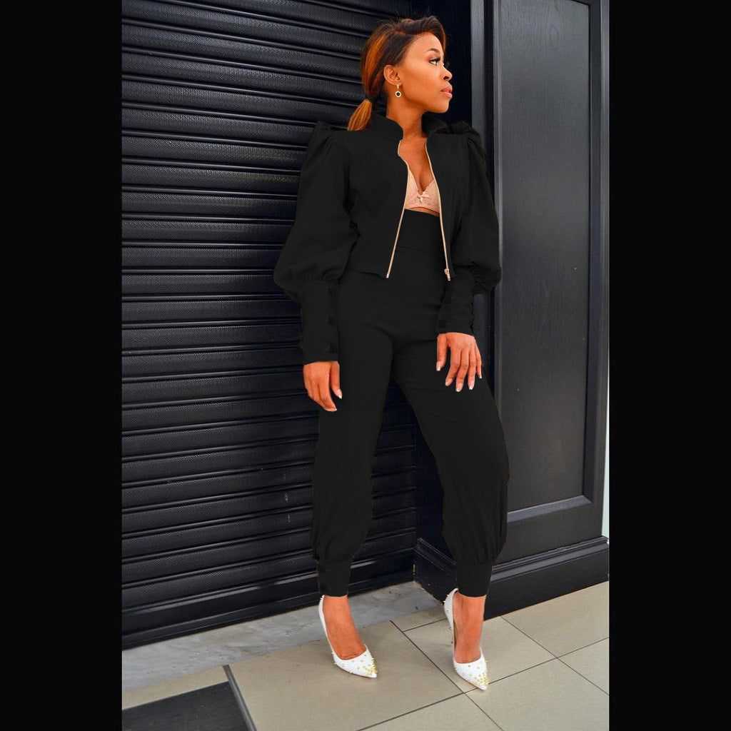 Solid Color Puff Sleeve Zip High Waist Pants Two Piece Set