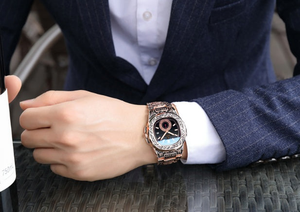 Rose Carved Steel Band Quartz Watch
