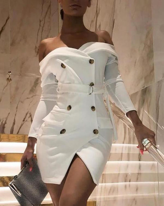 Off-the-shoulder long-sleeved beige dress