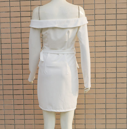 Off-the-shoulder long-sleeved beige dress