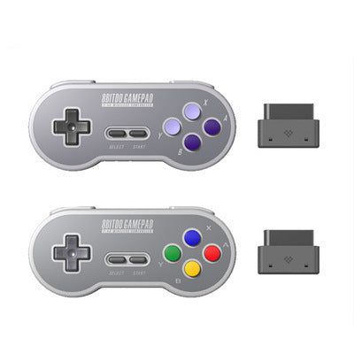 Wireless game controller compatible with SNES/SFC game console, displayed with a gray body, colored buttons, and a Bluetooth interface.