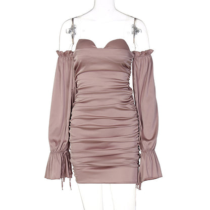 Solid Color  Off-the-shoulder Lantern Sleeve Tube Top Pleated Hip Dress