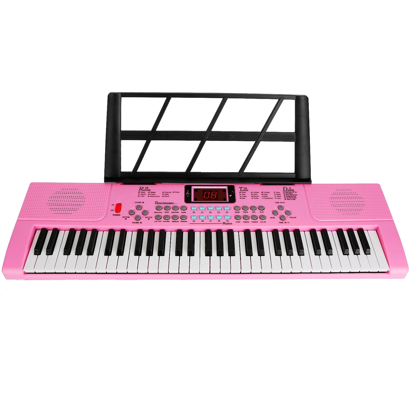 Pink electronic keyboard with a music stand on a white background