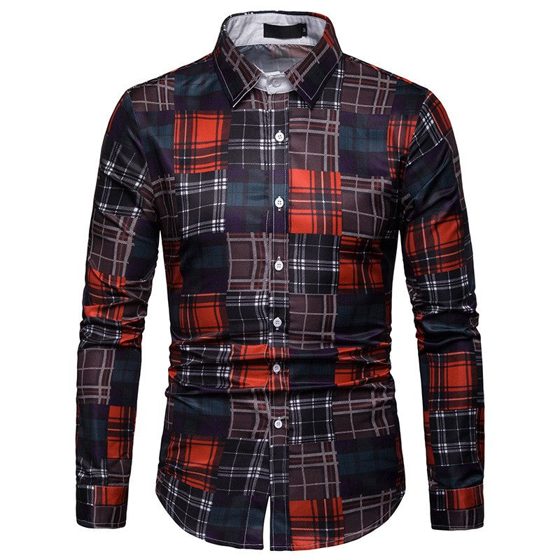 Printed long-sleeved shirt fashion lapel plaid casual shirt
