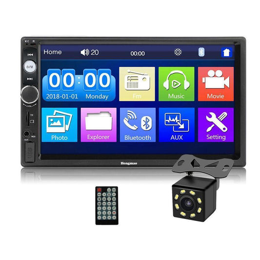 Car multimedia system with touchscreen display, remote control, and camera on a white background