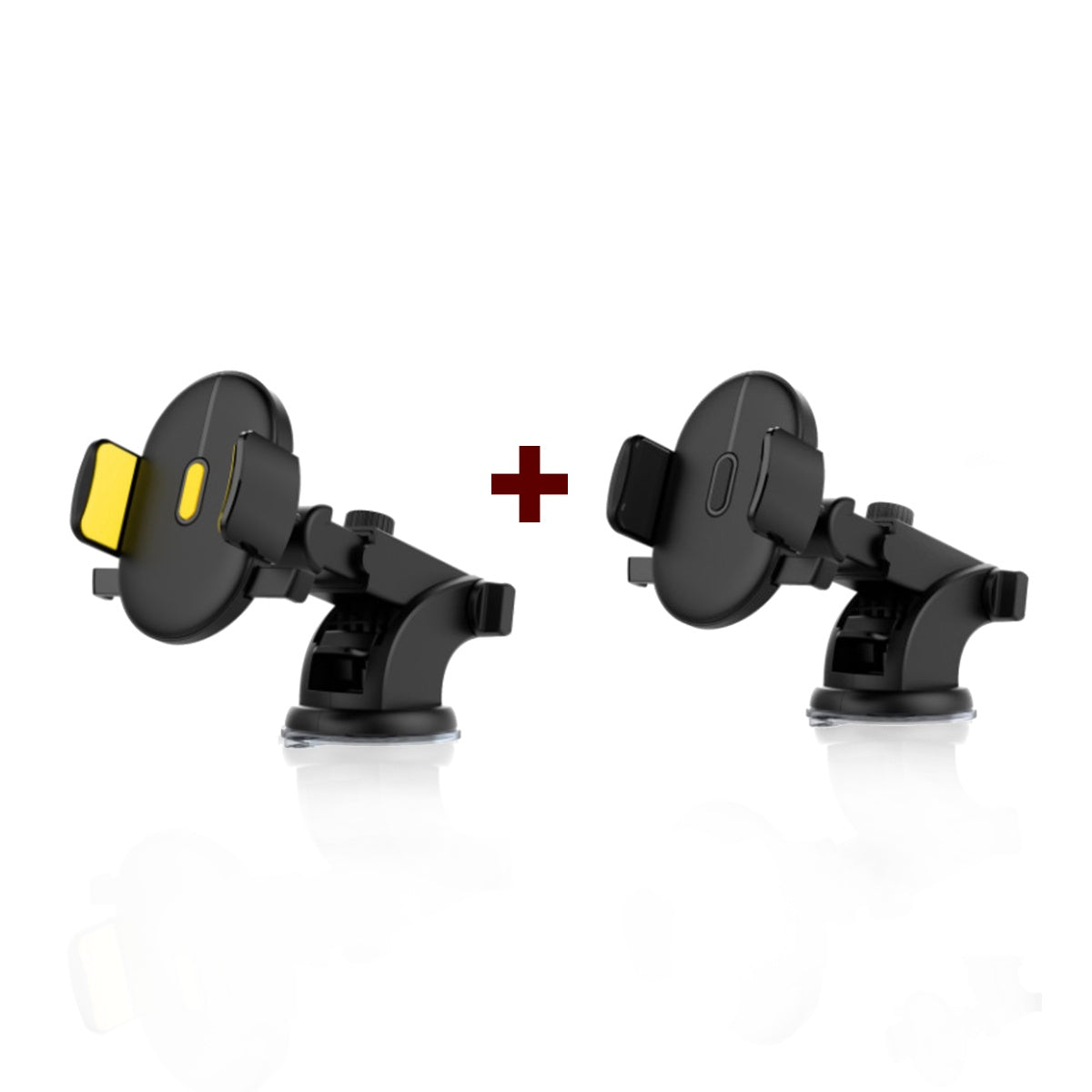 Two car phone holders with a plus sign between them on a white background