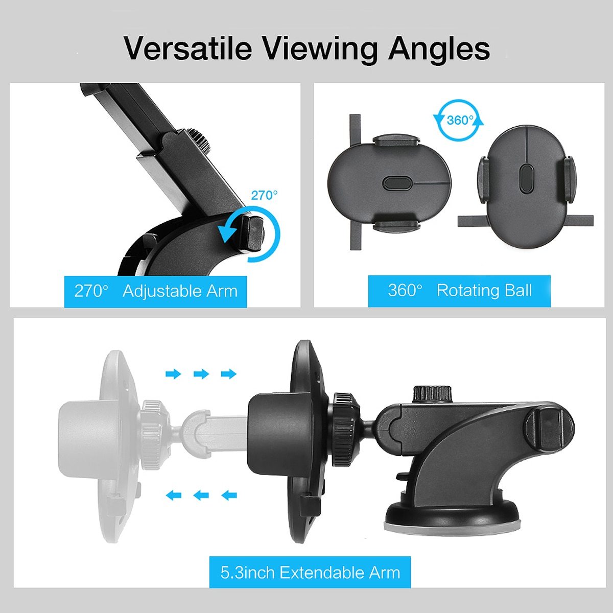 Phone holder with adjustable arm, rotating ball, and extendable arm on a gray background