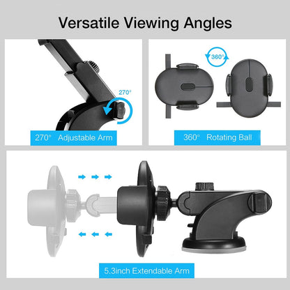 Phone holder with adjustable arm, rotating ball, and extendable arm on a gray background