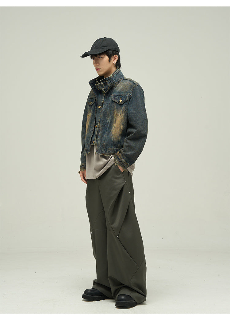 Fake Two-piece Motorcycle Denim Coat Men's Washed Distressed Jacket