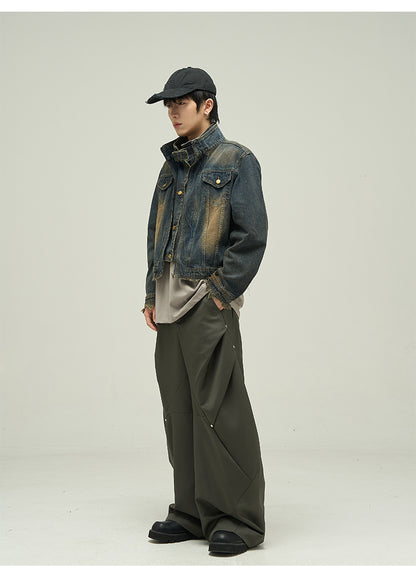 Fake Two-piece Motorcycle Denim Coat Men's Washed Distressed Jacket