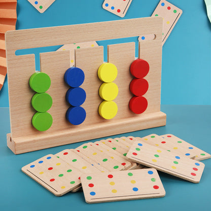 A wooden educational toy consisting of a board with colorful circular discs arranged in columns, accompanied by dot-patterned cards.